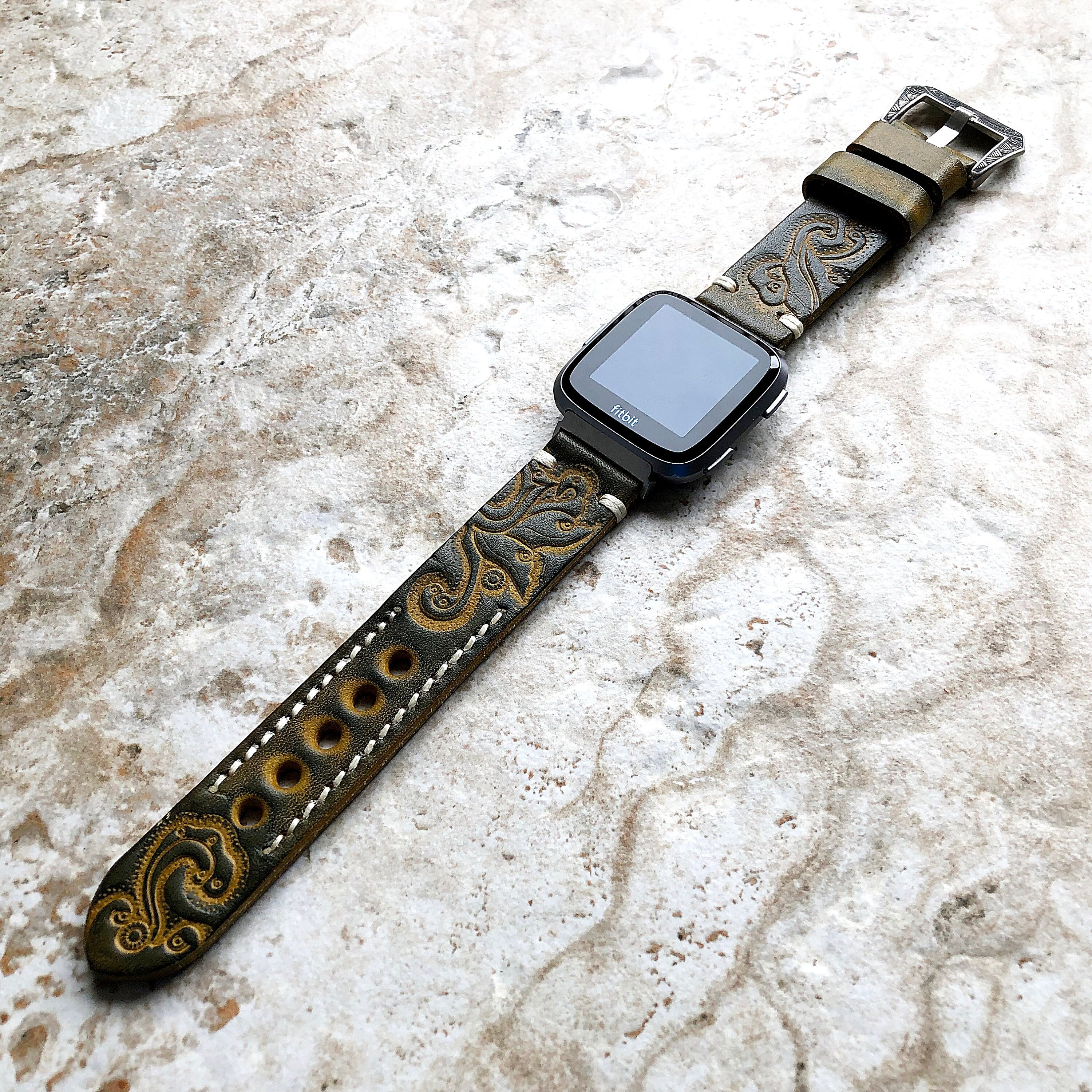 Band for Fitbit Versa 2 3 4 Sense 2 Green Yellow Tooled Embossed Leather Bracelet Watch Strap Quick Release Adapters Silver Rose Gold Black